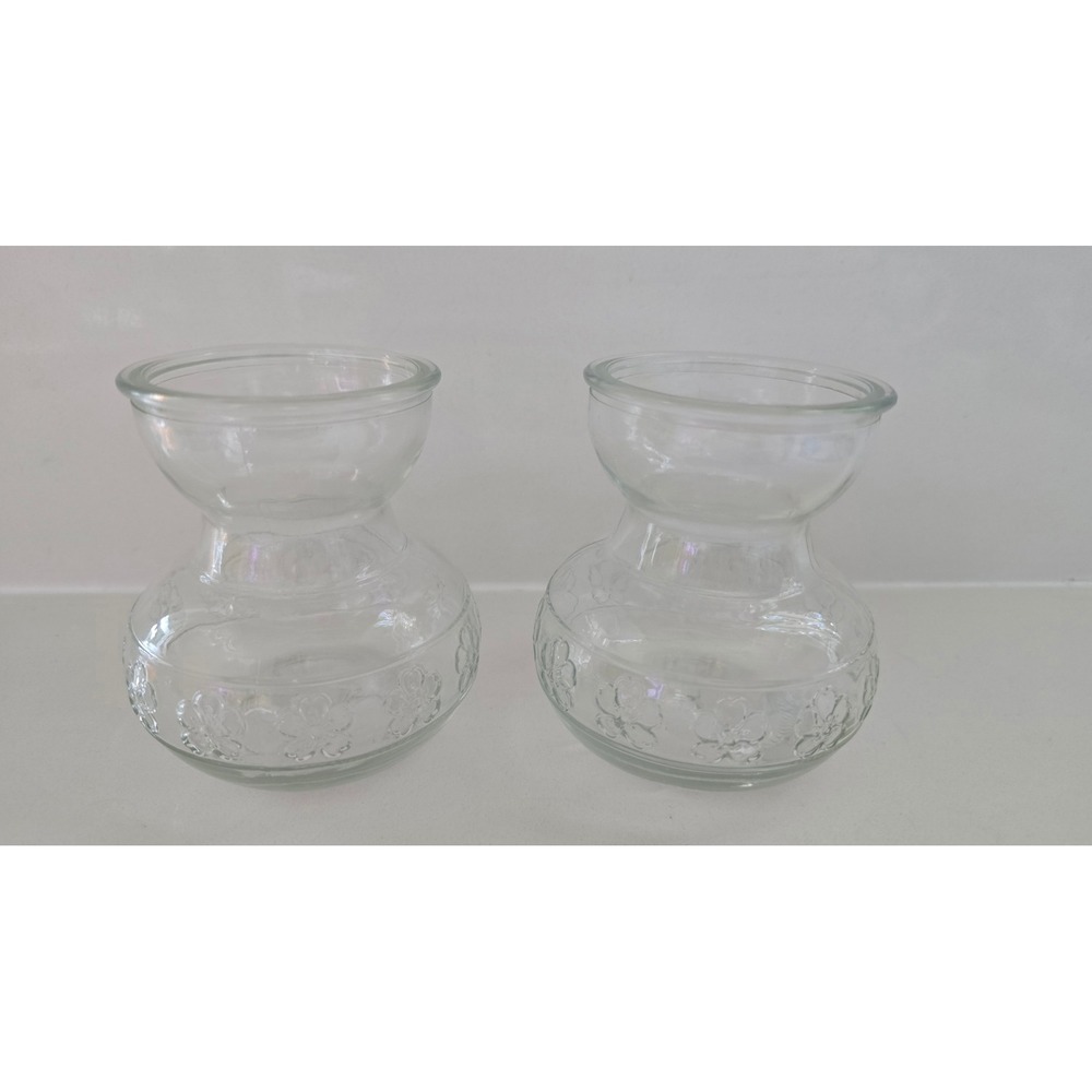 Set of 2 Clear Glass Embossed Floral Bud Vases Bulb Forcing Hyacinth Jars 4in